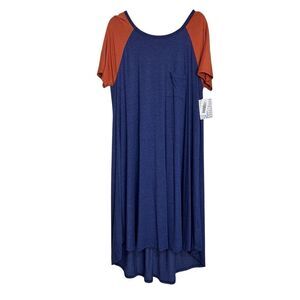 LulaRoe Dress Womens Size XL Blue Rust Carly Swing Midi Hi-Low Short Sleeve NWT